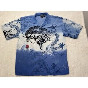Vintage Y2K Authentic Shaolin Dragon Button Up Hawaiian Camp Shirt Size L